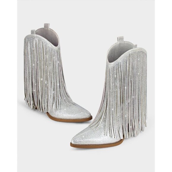 Women Cowgirl Silver Rhinestone Sparkly Fringe Chunky Pointed Toe Ankle Boots - Picture 2 of 7